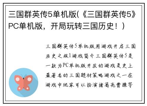 三国群英传5单机版(《三国群英传5》PC单机版，开局玩转三国历史！)